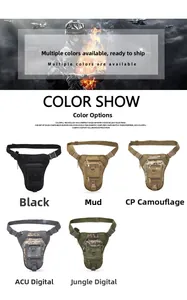 Five tactical leg bags in camouflage and solid colors with multiple zipper pockets