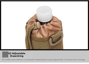 Detail of tactical water bottle sleeve featuring drawstring closure and D-ring hook