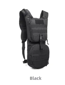 Close-up of durable black tactical backpack with MOLLE system and nylon material