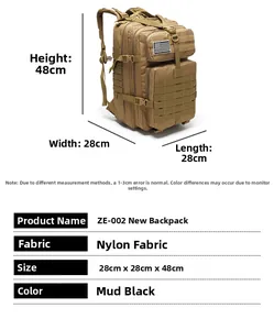 Tactical backpack dimensions 28x28x48cm with MOLLE system and nylon fabric details