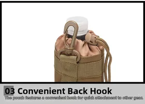 Tactical coyote tan water bottle pouch with MOLLE straps and drawstring closure detail