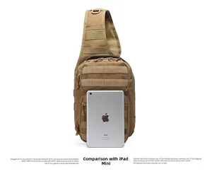 Tactical chest bag in khaki compared with an iPad Mini for size reference