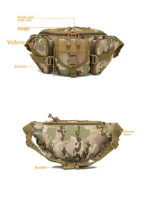 Detail view of camouflage tactical waist bag showing waterproof fabric and multiple pockets