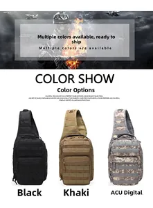 Tactical chest bag detail showing black, tan and ACU digital camouflage color options