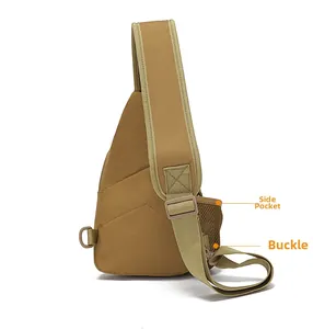 Detail view of the durable khaki outdoor chest bag with mesh side pocket and adjustable strap buckle