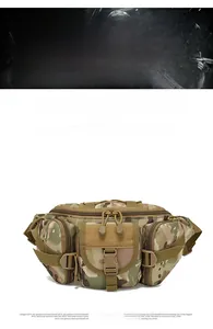 Detailed front view of tactical camo waist bag showing MOLLE webbing and buckle pockets
