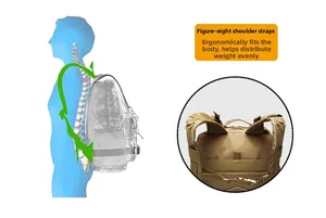 Ergonomic khaki tactical backpack with S-shaped shoulder straps and mesh back panel