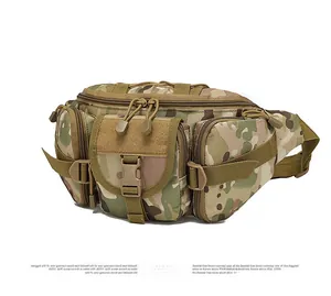 Detailed 45-degree view of camouflage tactical waist bag with Molle system and buckles