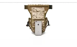 Digital camouflage tactical leg bag size comparison showing durable nylon pockets