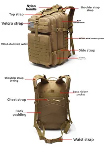 Detail view of khaki tactical backpack featuring MOLLE system and padded mesh back panels