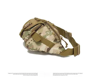 Detail view of the side profile of a waterproof tactical waist bag in Multicam camouflage