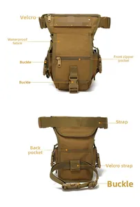 Detailed front and back view of khaki tactical drop leg bag with waterproof fabric