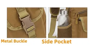 Detail of tactical backpack showing durable plastic buckle and elastic side mesh water bottle pocket