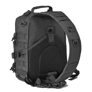 Black tactical shoulder bag with breathable mesh back and MOLLE system in 45-degree view
