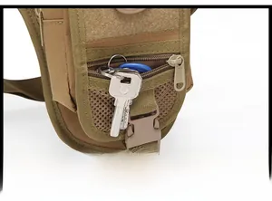 Tactical leg bag detail showing waterproof zipper mesh pocket for small items storage