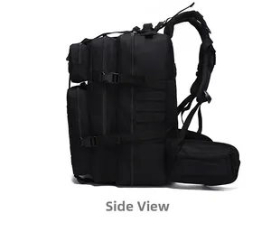 Seitenansicht des schwarzen taktischen 3D-Rucksacks mit MOLLE-System und Kompressionsgurten
