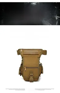 Detailed view of khaki tactical drop leg bag featuring multi-pocket design and MOLLE webbing