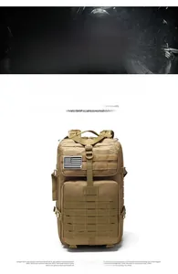 Close-up of khaki tactical backpack featuring MOLLE system and American flag patch