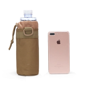 Tactical camo water bottle pouch with drawstring and D-ring, shown beside phone for scale