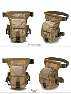 Detail view of tactical drop leg bag in CP camouflage and desert sand color options