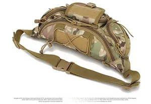 Detail view of camouflage tactical waist bag with multi-pocket design and quick release buckle