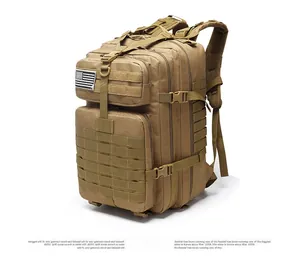 Detail view showing Coyote Brown tactical backpack with MOLLE system and USA flag patch