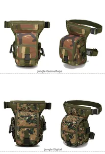 Detail of tactical leg bag showing jungle camouflage pattern and waterproof nylon fabric