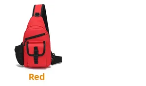 Detailed view of a red outdoor tactical chest bag featuring durable nylon and mesh side pocket