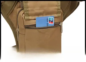 Close-up of tactical camo leg bag showing outer zipper pocket for secure card storage