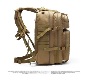 Side view of tactical backpack featuring MOLLE webbing system and adjustable buckles