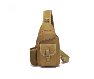 Detailed front view of tan tactical chest bag with heavy-duty nylon and water bottle pocket