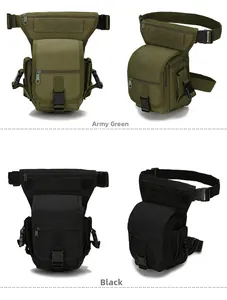 Close-up of military green and black tactical leg bags with multiple pockets and straps