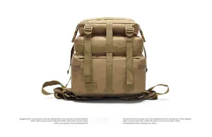 Detail of the reinforced base and MOLLE webbing on the khaki tactical backpack