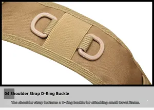 Detail of durable nylon shoulder strap featuring reinforced D-ring buckles for gear attachment