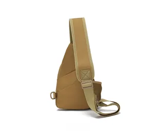 Detail of khaki tactical chest bag back with breathable mesh pocket and adjustable strap