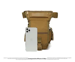 Tactical leg bag in khaki oxford fabric shown beside an iPhone XMax for size reference