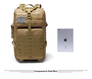 Detailed size comparison of the tactical desert backpack alongside an iPad mini device