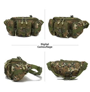 Detail view of multifunctional tactical waist bag in forest digital camouflage pattern