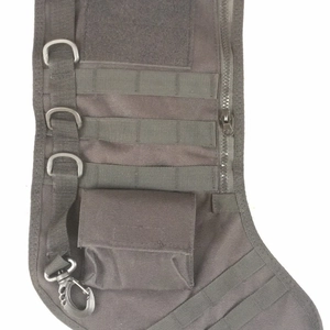 Black tactical Christmas stocking bag with Molle system and durable nylon fabric for outdoors