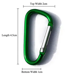 Green aluminum D-shape carabiner clip for hiking and keychain, length 4.5cm dimension view