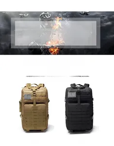 Outdoor tactical backpacks in tan and black with MOLLE system and US flag patches