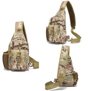Detail view of camouflage tactical chest bag with adjustable strap and mesh side pocket