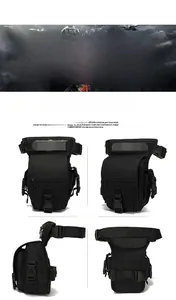 Detailed views of black tactical leg bag with MOLLE webbing and SWAT velcro patch