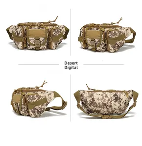 Tactical desert digital camo waist bag shown from front, side, and rear angles
