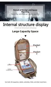 Internal compartments of a tan tactical backpack with mesh pockets and a laptop sleeve
