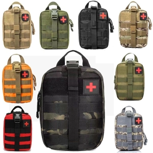 Detailed view of multicamo tactical first aid kits with Molle system and cross patch