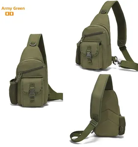 Army green tactical chest bag featuring front buckle pockets and ergonomic back padding