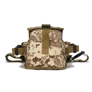 Tactical desert camo waist bag made of durable nylon with plastic buckles on white background