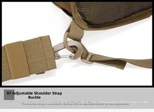 Detail of durable nylon webbing with rotatable coyote brown swivel hook and D-ring