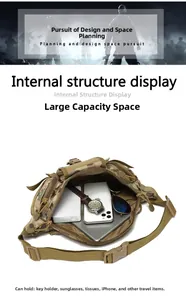 Macro detail of camouflage tactical waist bag showing large storage capacity for accessories